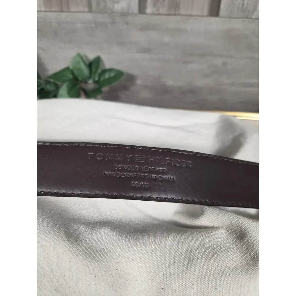 Tommy Hilfiger Brown Bonded Leather Belt Men's Size 38/95 Brass Buckle Logo